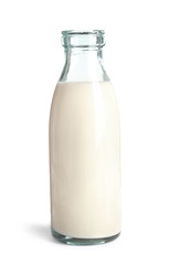 Bottle with fresh hemp milk on white background