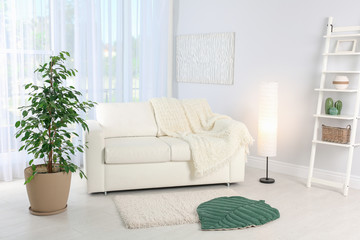 Stylish living room interior with sofa and houseplant near white wall