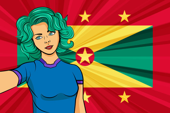 Pop art girl with unicorn color hair style. Young fan girl makes selfie before the national flag of Grenada. Vector sport illustration in retro comic style