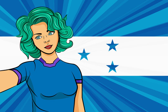 Pop art girl with unicorn color hair style. Young fan girl makes selfie before the national flag of Honduras. Vector sport illustration in retro comic style
