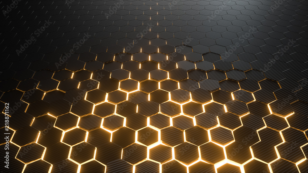 Wall mural abstract hexagonal geometric background. structure of lots of hexagons of carbon fiber with bright e