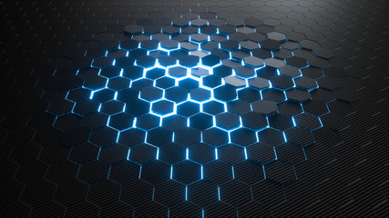 Abstract hexagonal geometric background. Structure of lots of hexagons of carbon fiber with bright energy light breaking through the cracks. 3d rendering