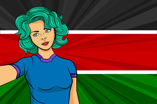 Pop art girl with unicorn color hair style. Young fan girl makes selfie before the national flag of Kenya. Vector sport illustration in retro comic style