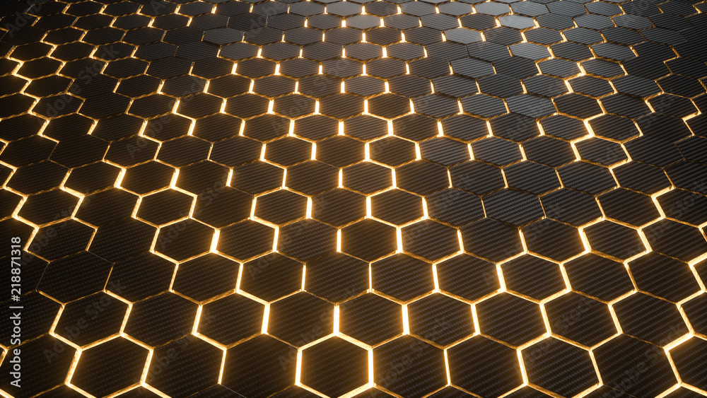 Wall mural abstract hexagonal geometric background. structure of lots of hexagons of carbon fiber with bright e