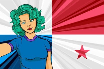 Pop art girl with unicorn color hair style. Young fan girl makes selfie before the national flag of Panama. Vector sport illustration in retro comic style