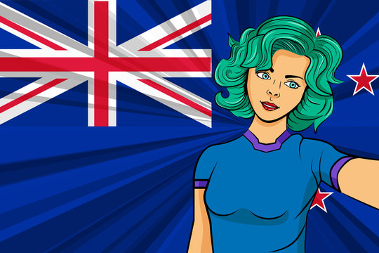 Pop art girl with unicorn color hair style. Young fan girl makes selfie before the national flag of New Zealand. Vector sport illustration in retro comic style