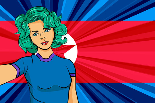 Pop art girl with unicorn color hair style. Young fan girl makes selfie before the national flag of North Korea. Vector sport illustration in retro comic style