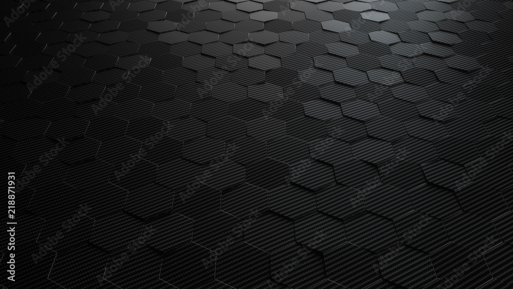 Poster black abstract hexagonal geometric background. structure of lots of hexagons of carbon fiber. 3d ren