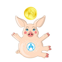 Pink piglet with hug gesture isolated on white with golden cryptocurrency coin