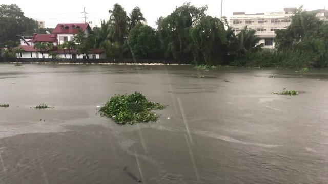 High definition video of overflowing water from a river because of heavy rain caused by monsoon rains and storm