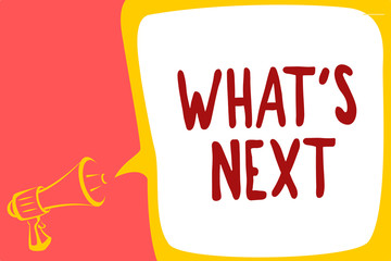 Conceptual hand writing showing What s is Next. Business photo text Asking whatever comes immediately after the present one Megaphone loudspeaker speech bubble message speaking out loud.