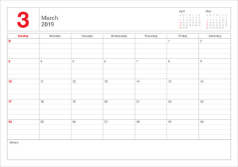 March 2019 desk calendar vector illustration