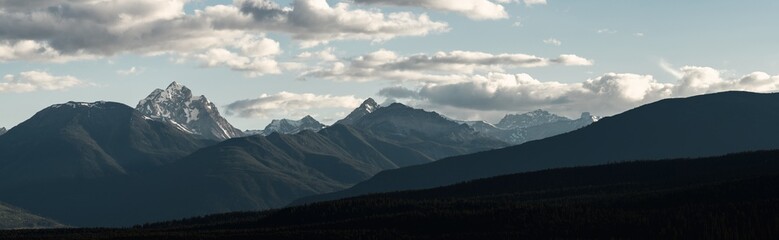 Panorama of Mt Delphine at dusk in the Purcell Mountain range, Canada