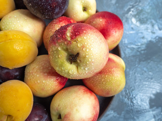 ripe nectarines and red plums on a round gray ceramic plate, close-up