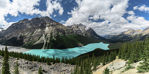 Panorama of Peyto Lake and dramatic landscape along the Icefields Parkway, Canada