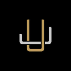Initial letter J and U, JU, UJ, overlapping interlock logo, monogram line art style, silver gold on black background