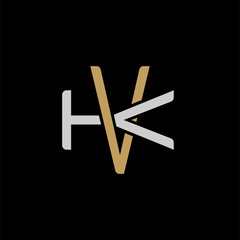 Initial letter K and V, KV, VK, overlapping interlock logo, monogram line art style, silver gold on black background