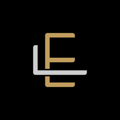 Initial letter L and E, LE, EL, overlapping interlock logo, monogram line art style, silver gold on black background