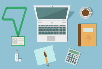 business workplace, set of desktop accessories, office work place, various office equipment, place for work, working process icons, flat design, vector graphics to design