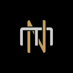 Initial letter M and N, MN, NM, overlapping interlock logo, monogram line art style, silver gold on black background
