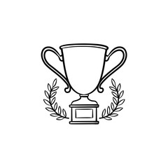 Trophy cup with laurel wreath hand drawn outline doodle icon. Competition winner, success achievement concept. Vector sketch illustration for print, web, mobile and infographics on white background.