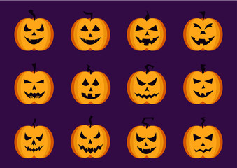 Collection of Halloween pumpkins faces icons set. Vector illustration