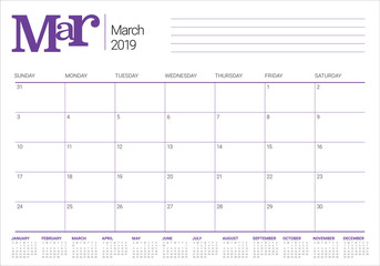 March 2019 desk calendar vector illustration