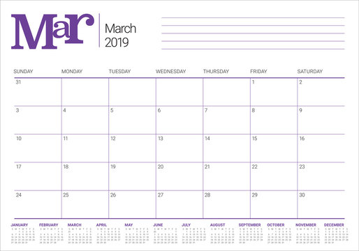 March 2019 desk calendar vector illustration