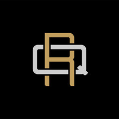 Initial letter Q and R, QR, RQ, overlapping interlock logo, monogram line art style, silver gold on black background