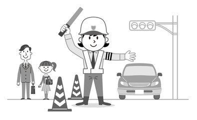 女性警備員　誘導業務　モノクロ