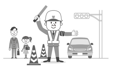 男性警備員　誘導業務　モノクロ