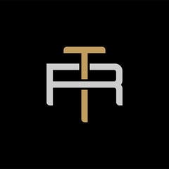 Initial letter R and T, RT, TR, overlapping interlock logo, monogram line art style, silver gold on black background
