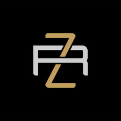 Initial letter R and Z, RZ, ZR, overlapping interlock logo, monogram line art style, silver gold on black background