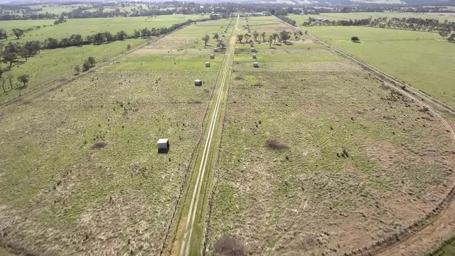 An aerial view of a horse ranch and training track in Nar Nar Goon just outside of Melbourne, Victoria, Australia.