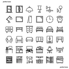 Furniture and Home Decoration Outline Icons perfect pixel. 