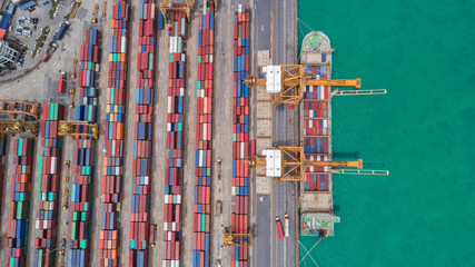 Aerial view ship container at commercial port for international import export or transportation concept background.