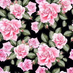 Watercolor pattern with roses  flowers and leaves  . 
