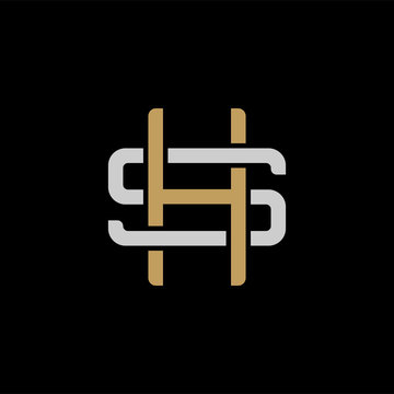 Initial letter S and H, SH, HS, overlapping interlock logo, monogram line art style, silver gold on black background