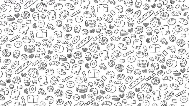 Bakery moving rotate pattern background cartoon hand drawing outline stroke illustration isolated on white background seamless looping animation 4K