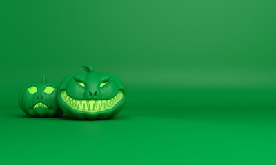 Smiling green pastel pumpkin head jack  lantern, copy space text. Design creative for  happy Halloween festival, 3D rendering illustration.