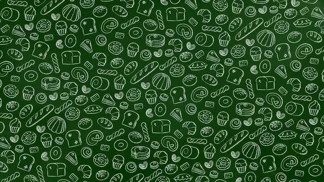 Bakery moving rotate pattern background cartoon hand chalk drawing outline stroke illustration isolated on green chalkboard background seamless looping animation 4K