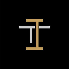 Initial letter T and I, TI, IT, overlapping interlock logo, monogram line art style, silver gold on black background