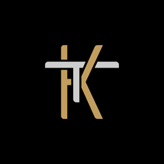 Initial letter T and K, TK, KT, overlapping interlock logo, monogram line art style, silver gold on black background