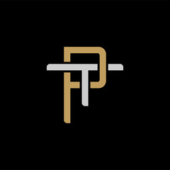 Initial letter T and P, TP, PT, overlapping interlock logo, monogram line art style, silver gold on black background
