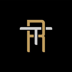 Initial letter T and R, TR, RT, overlapping interlock logo, monogram line art style, silver gold on black background