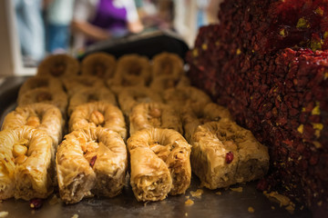 Honey rolls eastern sweetness close-up, soft selective focus with shallow depth of field