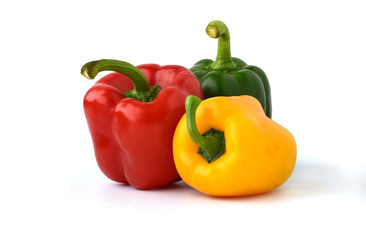 colorful red green yellow sweet bell pepper on white background isolated with clipping path