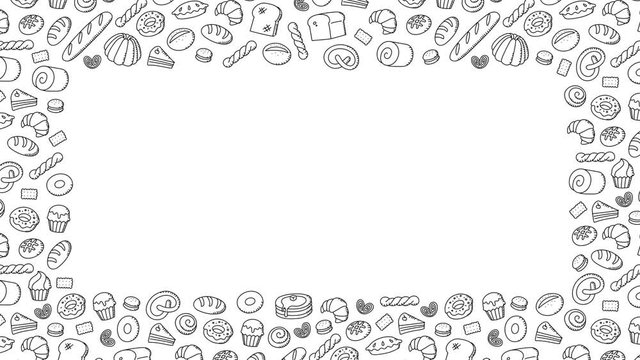 Bakery moving frame pattern background cartoon hand drawing outline stroke illustration isolated on white background seamless looping animation 4K, with center copy space