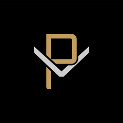 Initial letter V and P, VP, PV, overlapping interlock logo, monogram line art style, silver gold on black background