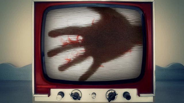 A retro vintage TV showing the silhouette of a hand spreading blood on a dirty glass. Red liquid close-up shot, white background. Horror, zombies, suspence, crime.
